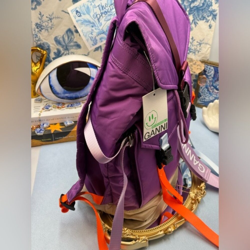 🆕 GANNI 🧿 NWT Recycled Tech Backpack, Purple Wine & Orange, Baby Blue - Picture 5 of 13